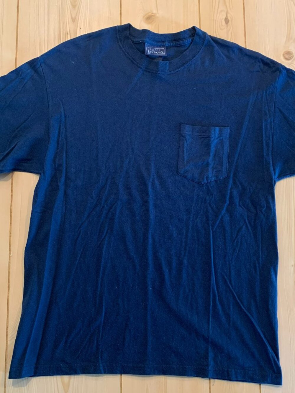 Vintage Y2K Basic Editions Retro Solid Plain Blank Navy Blue Pocket T-Shirt M